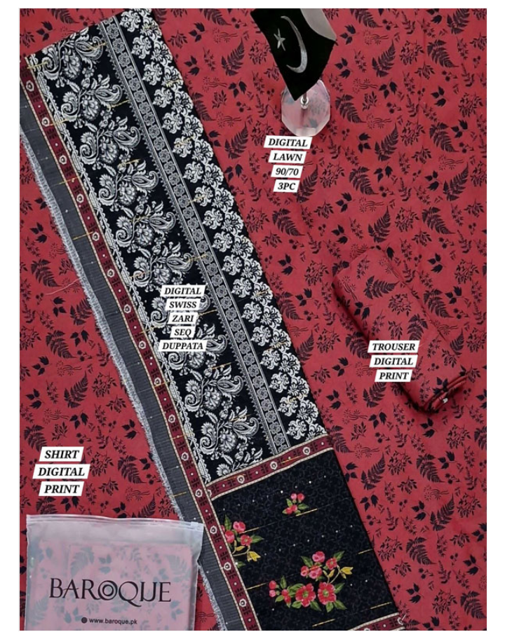 Digital Lawn Printed Dress With Swiss Zari Sequence Dupatta Lawn Trouser (Unstitched) (DRL-2136)