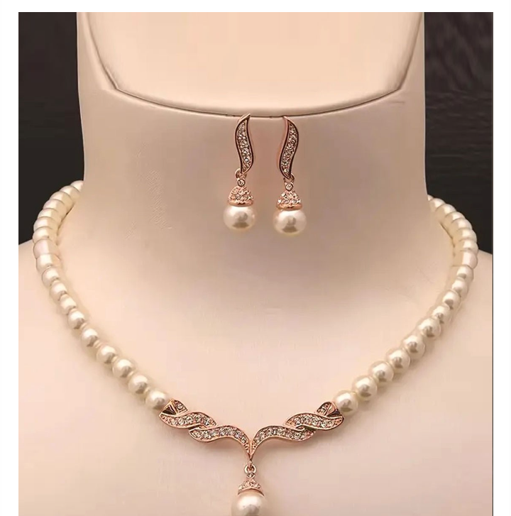 High Quality Rose Gold Pearl Necklace Set with Earrings