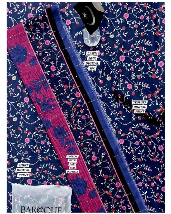 Premium Bana Dora Lawn Digital Printed Dress With Printed Lawn Dupatta & Digital Printed Trouser (Unstitched) (DRL-2126)