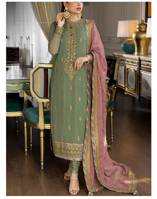 Elegant Chiffon Heavy Embroidered Dress With Heavy Embroidered Chiffon Dupatta Jamawer Trouser (Unstitched) (CHI-979)