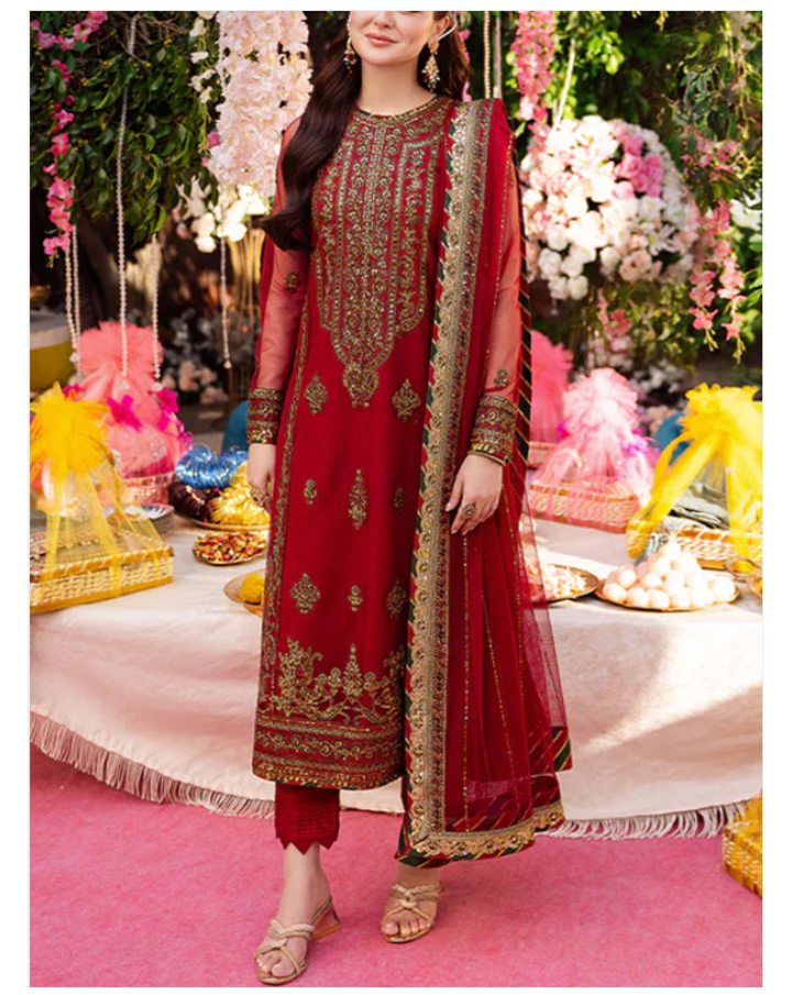 Latest Chiffon Heavy Embroidered Dress With Chiffon Embroidered Dupatta 3 Pec Suit (Unstitched)