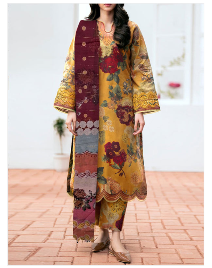 Premium Bana Dora Lawn Digital Printed Dress With Printed Lawn Dupatta & Digital Printed Trouser (Unstitched) (DRL-2125)
