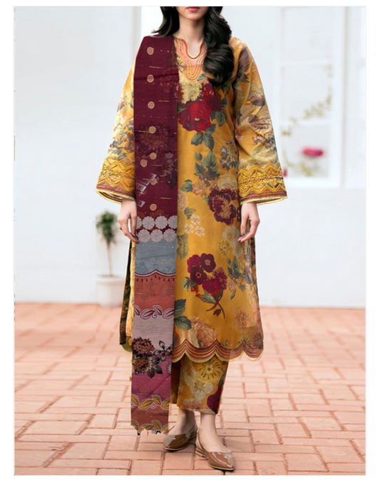 Premium Bana Dora Lawn Digital Printed Dress With Printed Lawn Dupatta & Digital Printed Trouser (Unstitched) (DRL-2125)