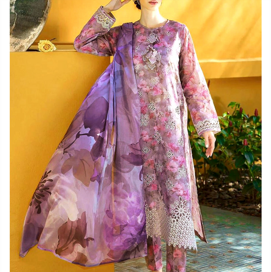 All-Over Print Schiffli Embroidered Lawn Dress Design 2025 with Chiffon Dupatta