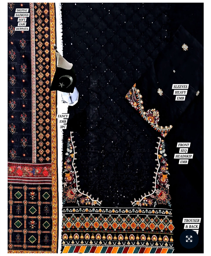 Heavy Sequins Embroidered Black Cotton Dress 2025 with Printed Diamond Dupatta