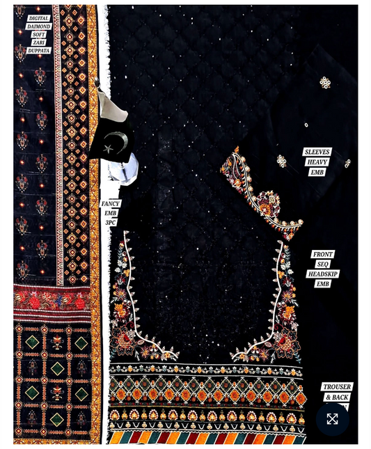 Heavy Sequins Embroidered Black Cotton Dress 2025 with Printed Diamond Dupatta