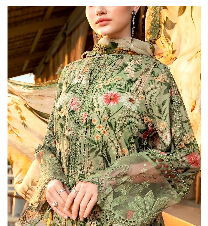 All-Over Print Schiffli Embroidered Lawn Dress with Chiffon Dupatta