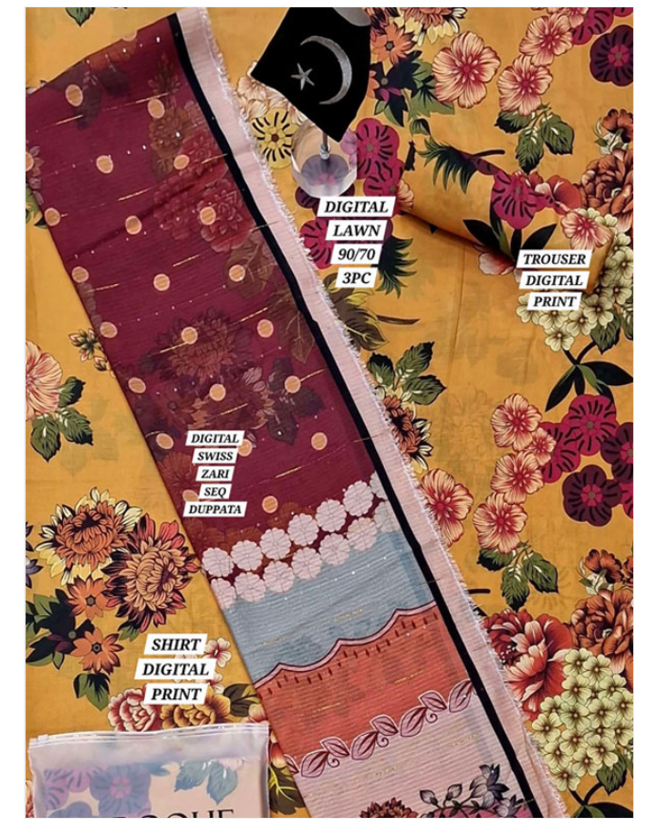 Premium Bana Dora Lawn Digital Printed Dress With Printed Lawn Dupatta & Digital Printed Trouser (Unstitched) (DRL-2125)