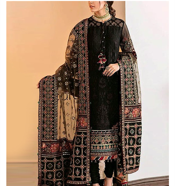 Heavy Sequins Embroidered Black Cotton Dress 2025 with Printed Diamond Dupatta